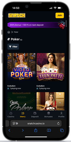 Zrzut ekranu przedstawiający interfejs Snatch Casino z grami pokerowymi