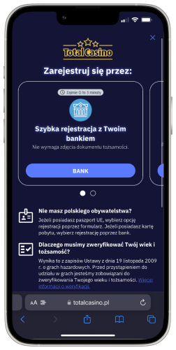 Total Casino bonus selection interface